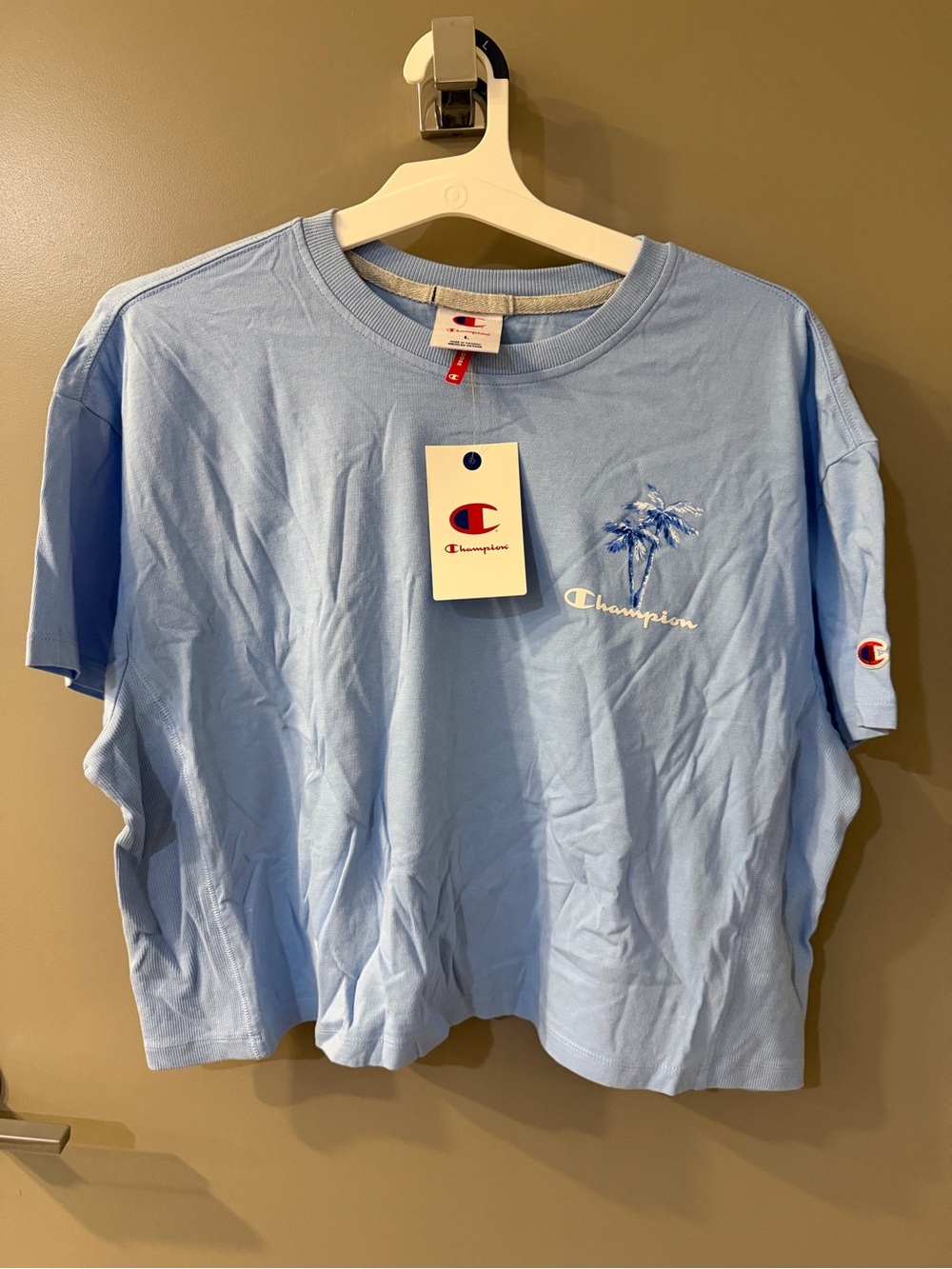 Champion Light Blue Cropped Tee with Palm Tree Embroidery